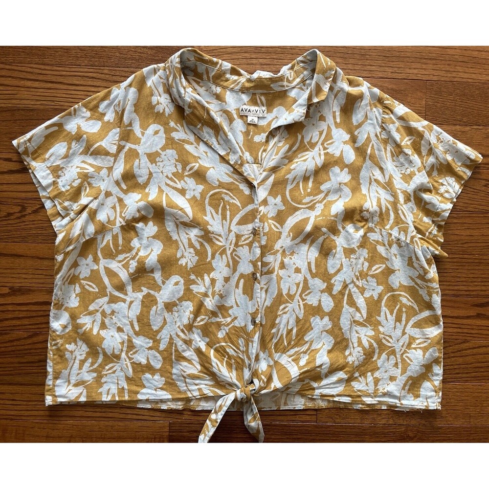 Ava & Viv Women 3X Linen Short‎ Sleeve Button Up Shirt Tie Top Resort Tropical